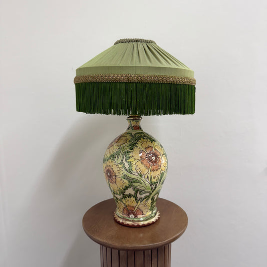 Italian Hand Painted Terracotta Floral Lamp with Fringe Shade