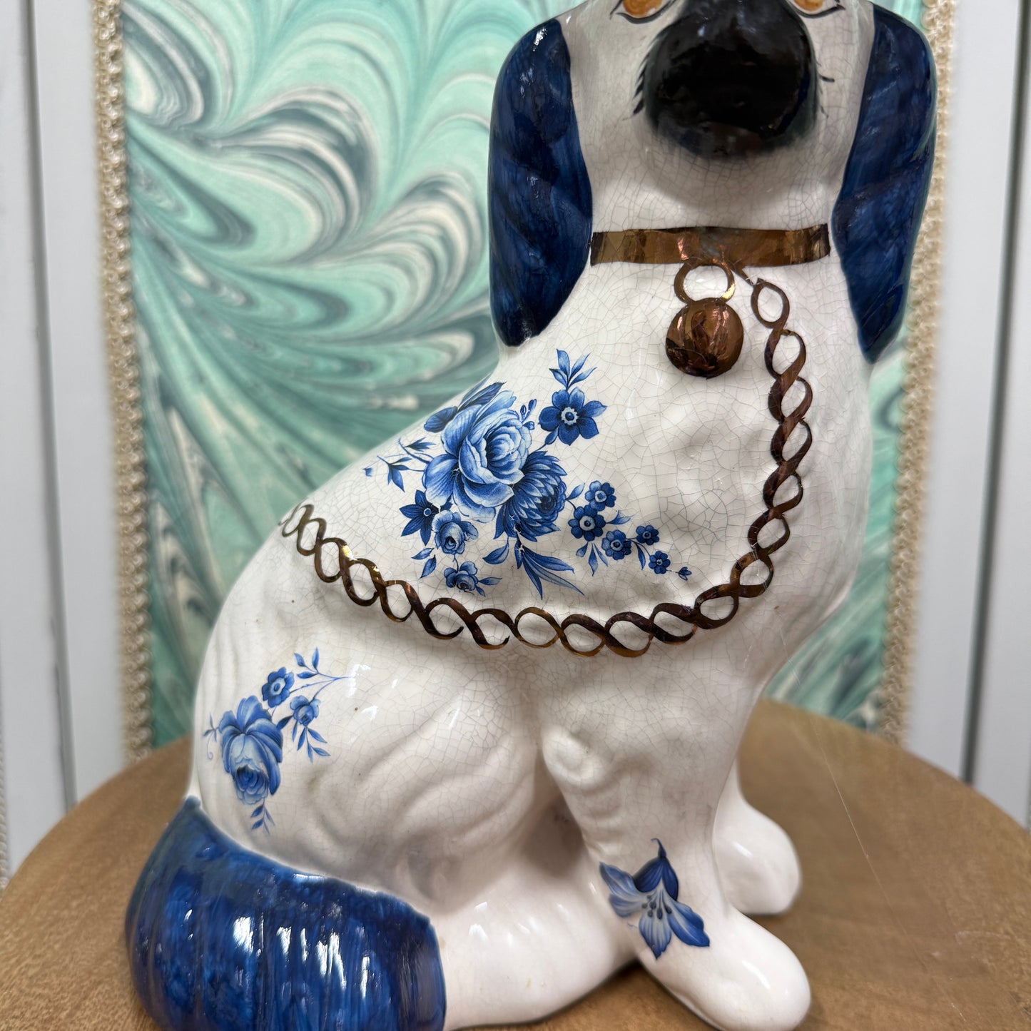 Blue Staffordshire Dog Lamp with Silk Shade