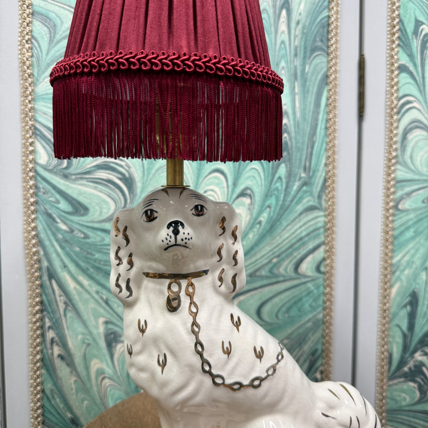 White Staffordshire Dog Lamp with Red Shade