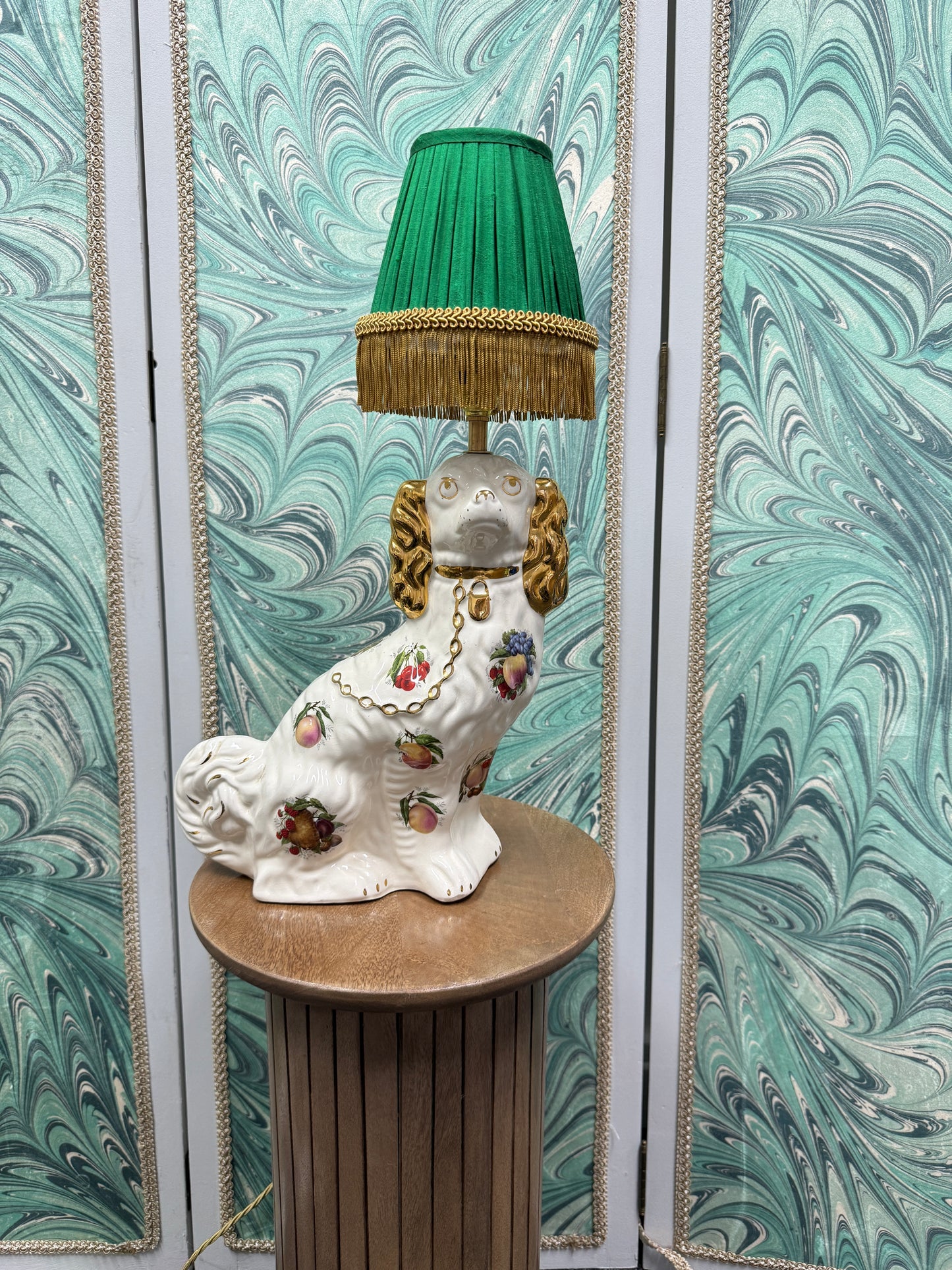 Fruit Motif Staffordshire Dog Lamp with Green Shade