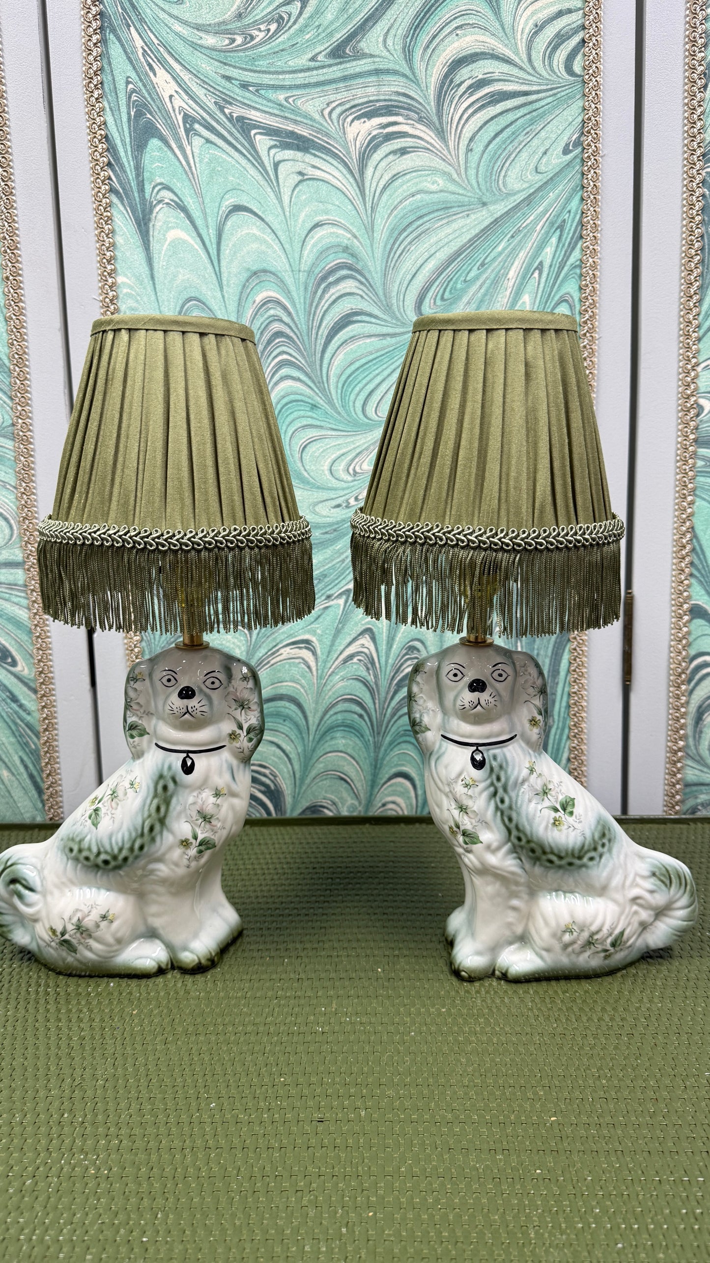Green Floral Staffordshire Dog Lamps with Silk Shades