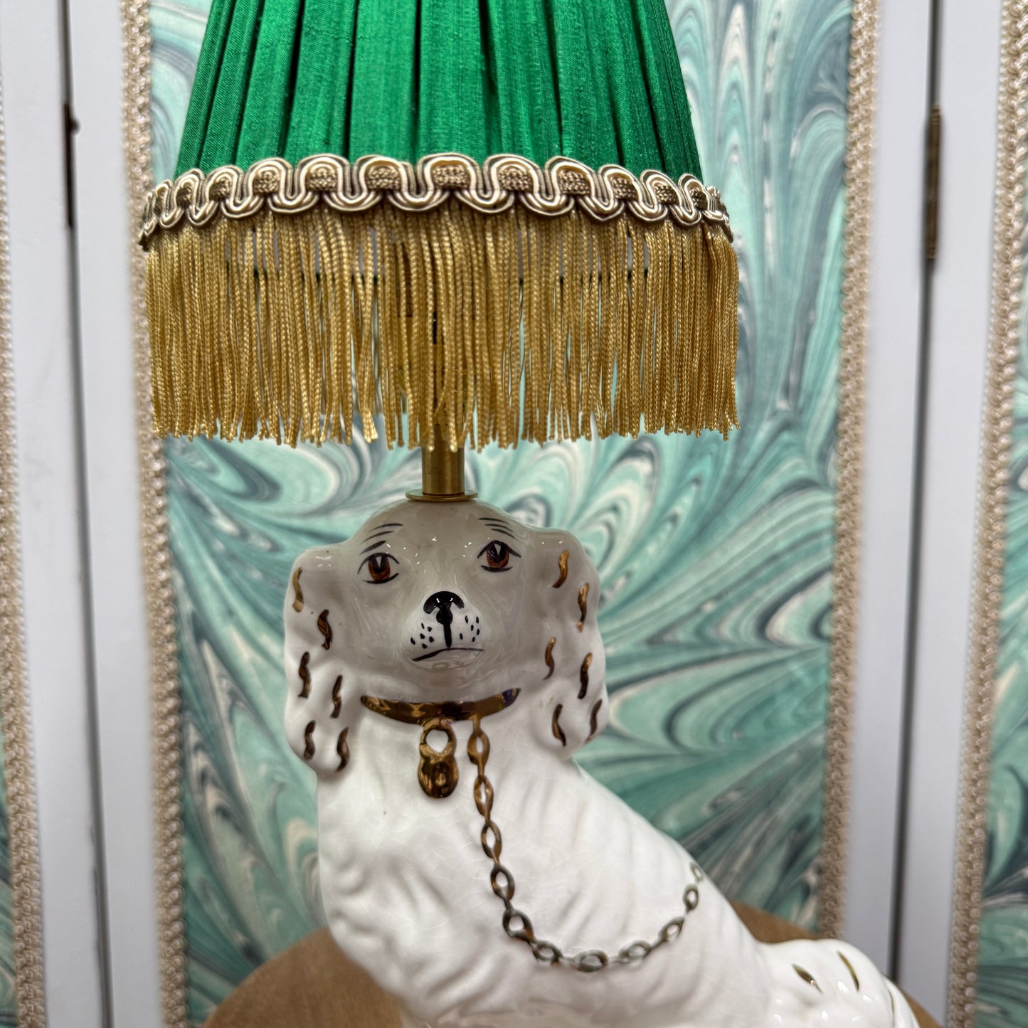 White Staffordshire Dog Lamp with Emerald Shade