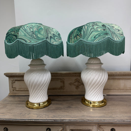 Pair of Hollywood Regency Lamps with Marbled Fringe Shades