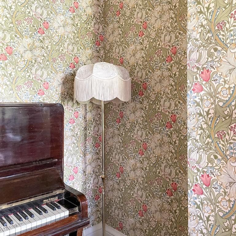 William Morris Strawberry Thief Fringed Lampshade - flax