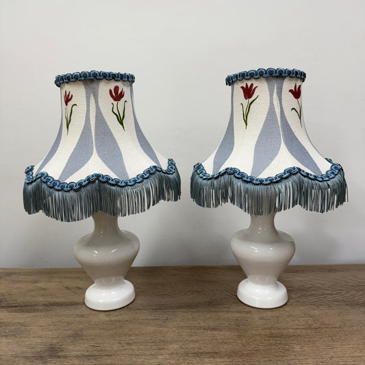 1970's Pair of White Ceramic Lamps with Sophie Harpley Shades