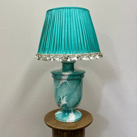 1980's Marble Effect Lamp with Turquoise Silk Shade