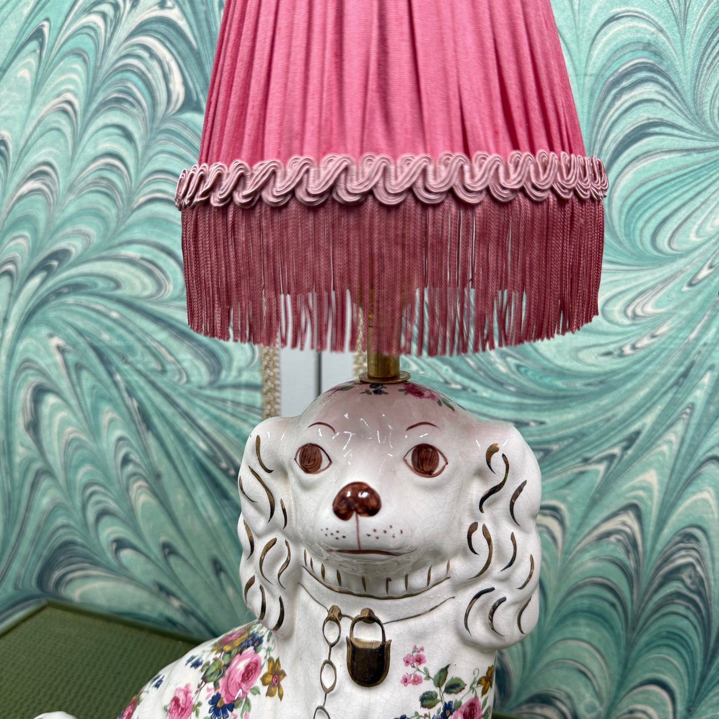 Floral Staffordshire Dog Lamps with Pink Silk Shades
