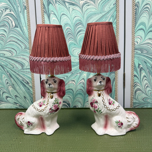 Pink Staffordshire Dog Lamps with Rust Silk Shades