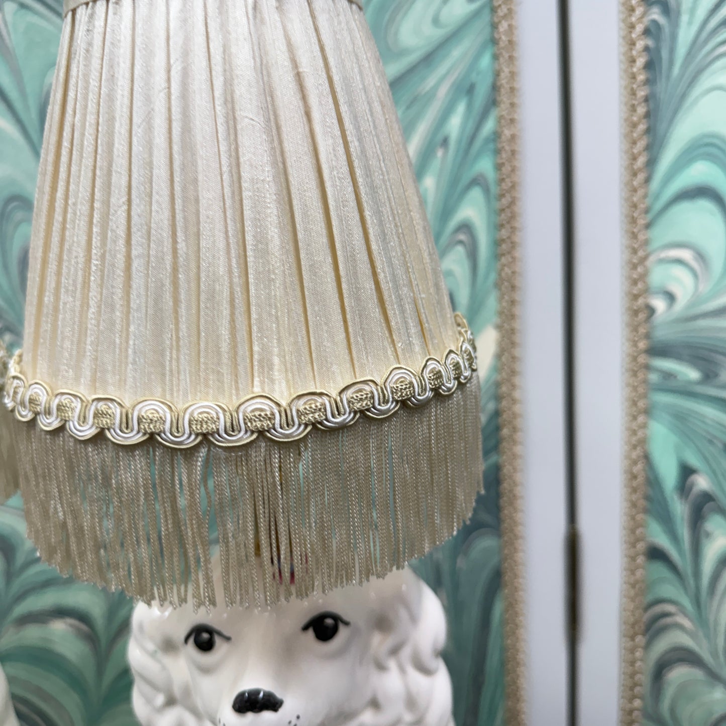 Pastel Staffordshire Dog Lamps with Ivory Silk Shades