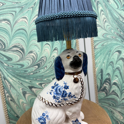 Blue Staffordshire Dog Lamp with Silk Shade