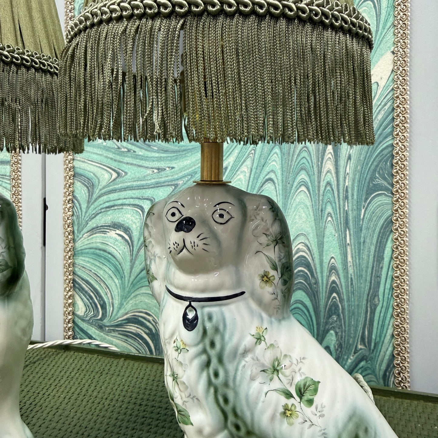 Green Floral Staffordshire Dog Lamps with Silk Shades