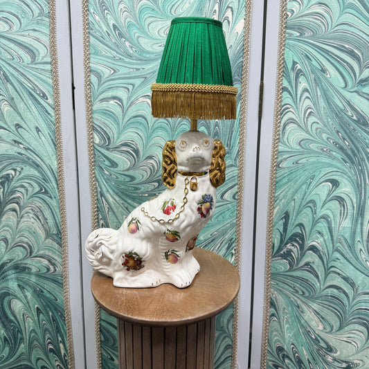 Fruit Motif Staffordshire Dog Lamp with Green Shade