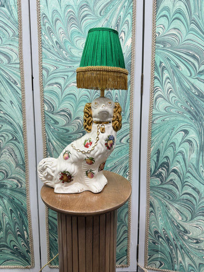 Fruit Motif Staffordshire Dog Lamp with Green Shade