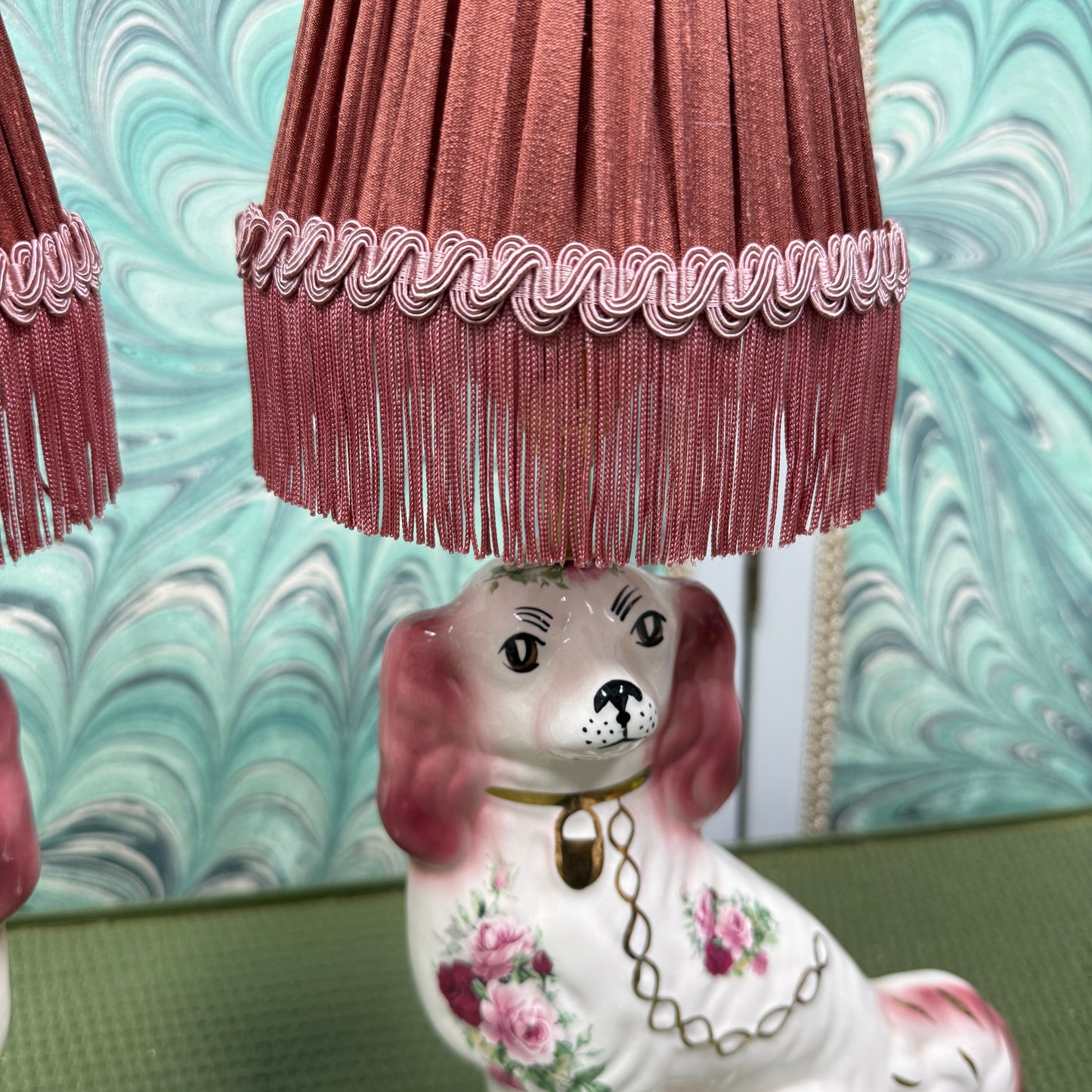 Pink Staffordshire Dog Lamps with Rust Silk Shades