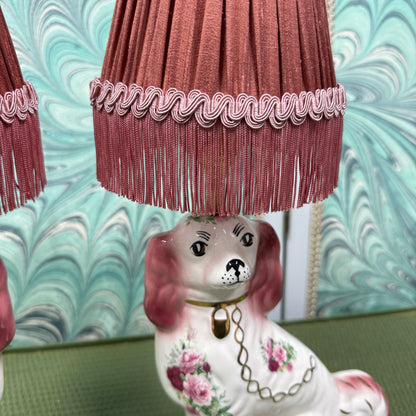Pink Staffordshire Dog Lamps with Rust Silk Shades