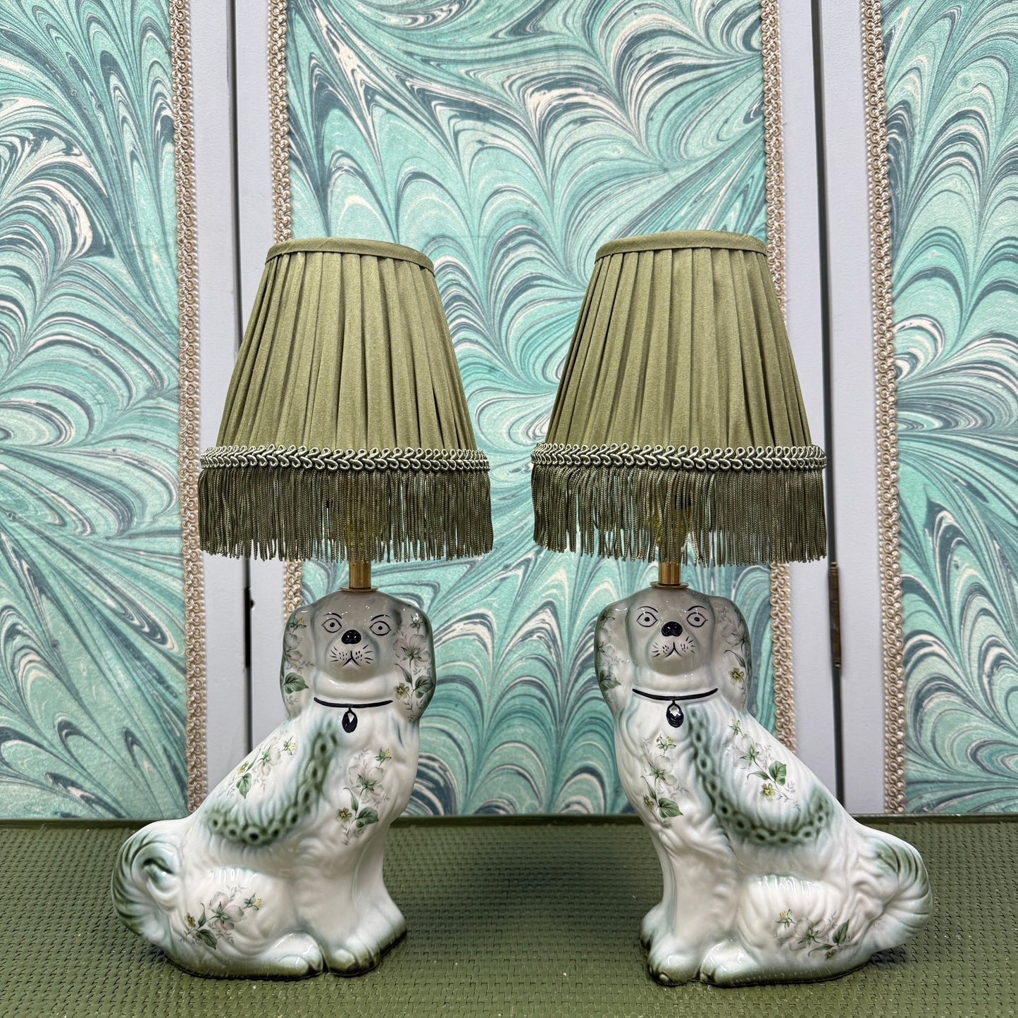 Green Floral Staffordshire Dog Lamps with Silk Shades