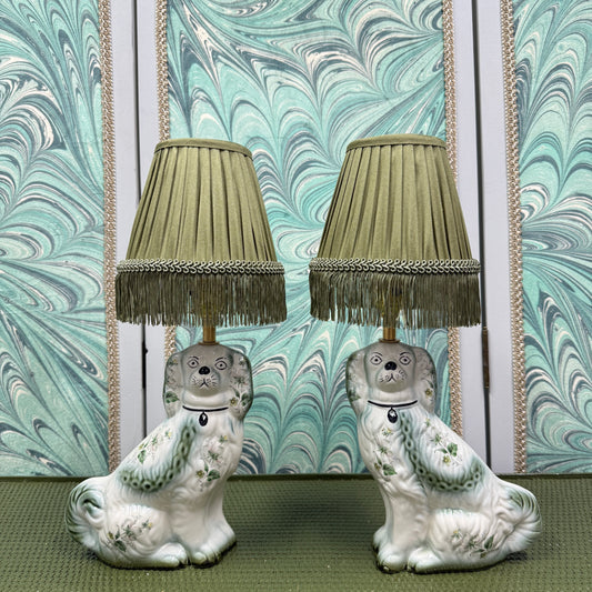 Green Floral Staffordshire Dog Lamps with Silk Shades