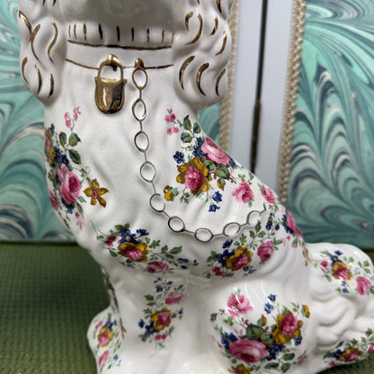 Floral Staffordshire Dog Lamps with Pink Silk Shades