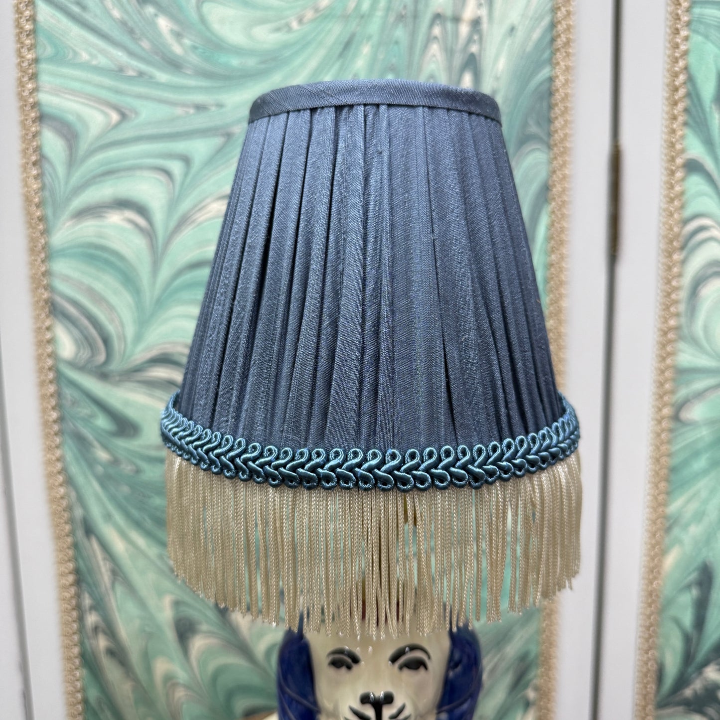 Floral Staffordshire Dog Lamp with Blue Shade