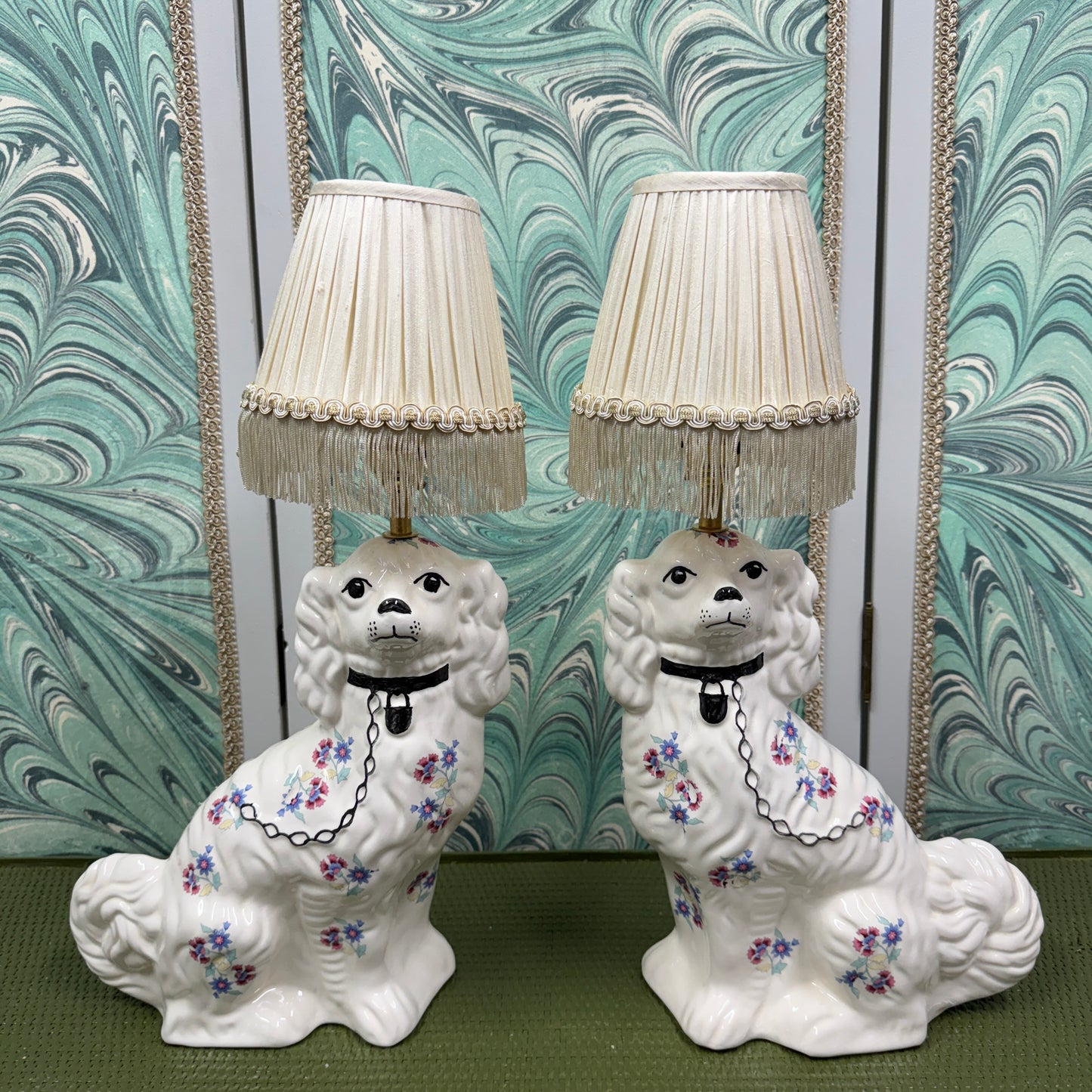 Pastel Staffordshire Dog Lamps with Ivory Silk Shades