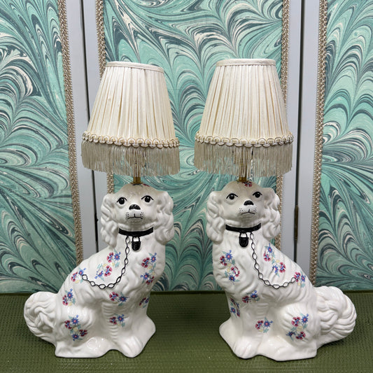 Pastel Staffordshire Dog Lamps with Ivory Silk Shades