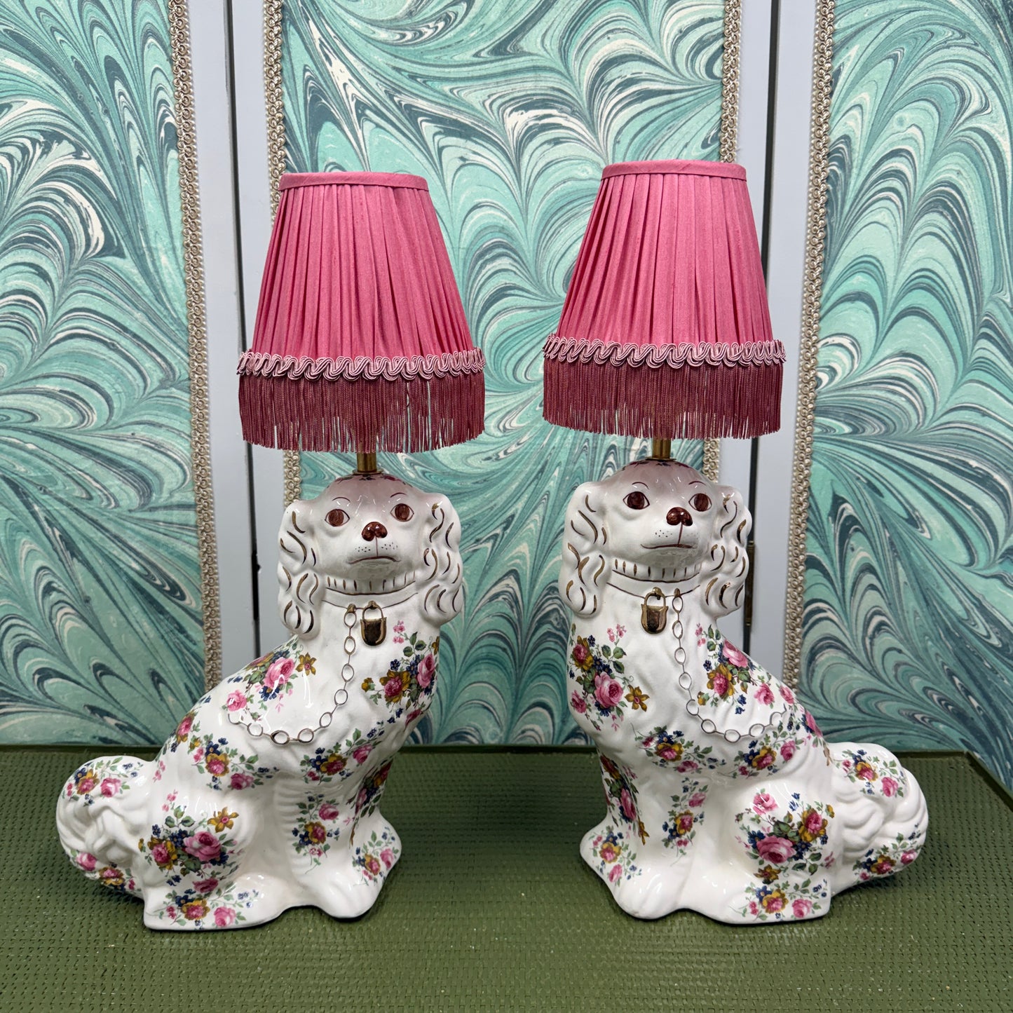 Floral Staffordshire Dog Lamps with Pink Silk Shades