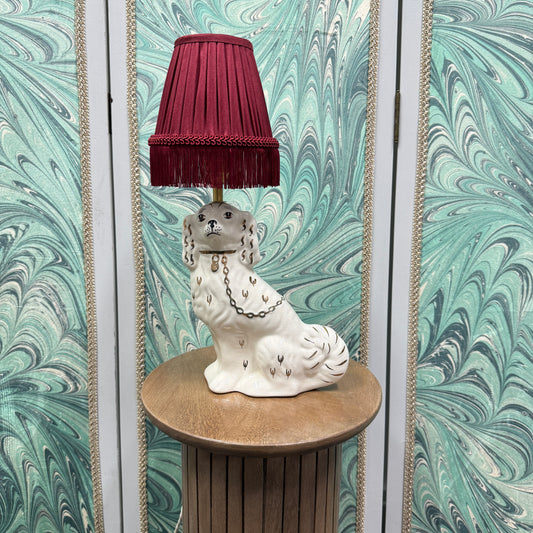 White Staffordshire Dog Lamp with Red Shade