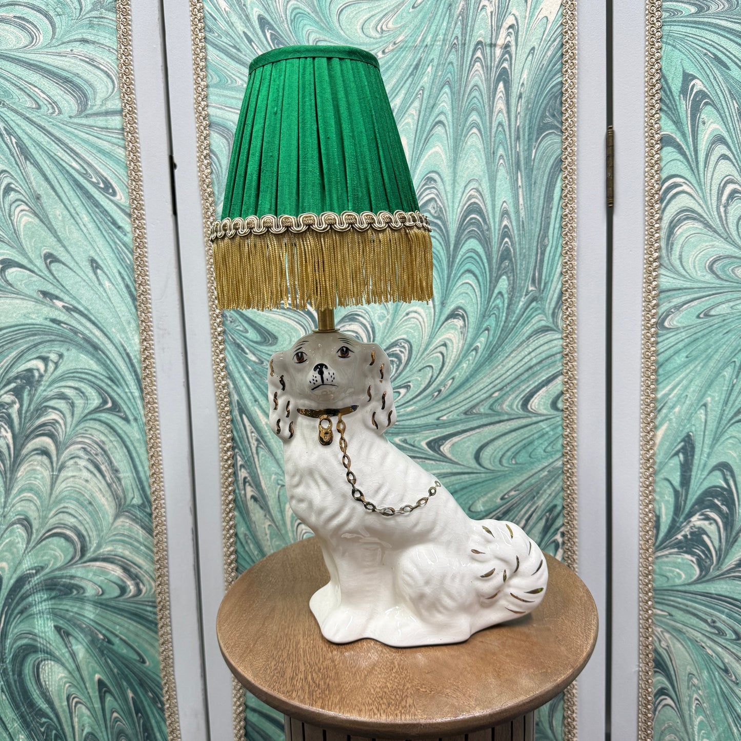 White Staffordshire Dog Lamp with Emerald Shade