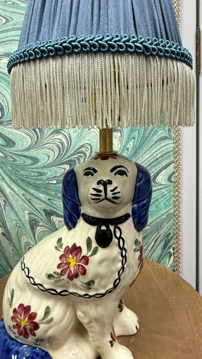 Floral Staffordshire Dog Lamp with Blue Shade