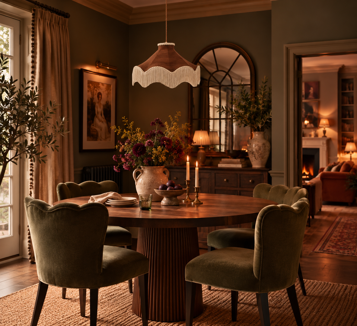 A dining room with a round table and green velvet chairs, lit by the Daisy Moiré cognac pendant with cream fringe