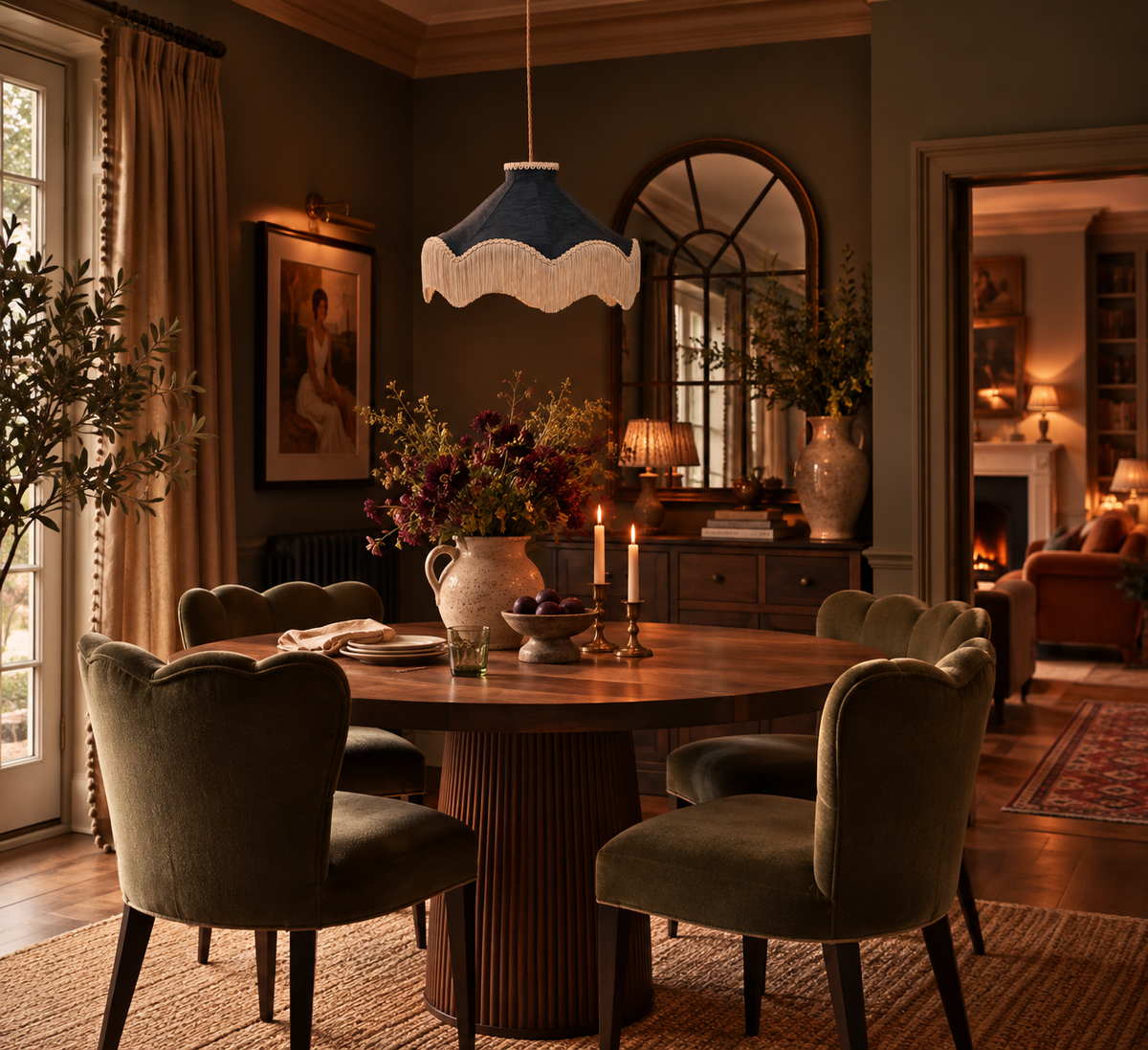 The Daisy Moiré Midnight lampshade as a pendant above a round table in a dark green dining room