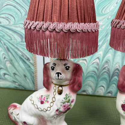 Pink Staffordshire Dog Lamps with Rust Silk Shades