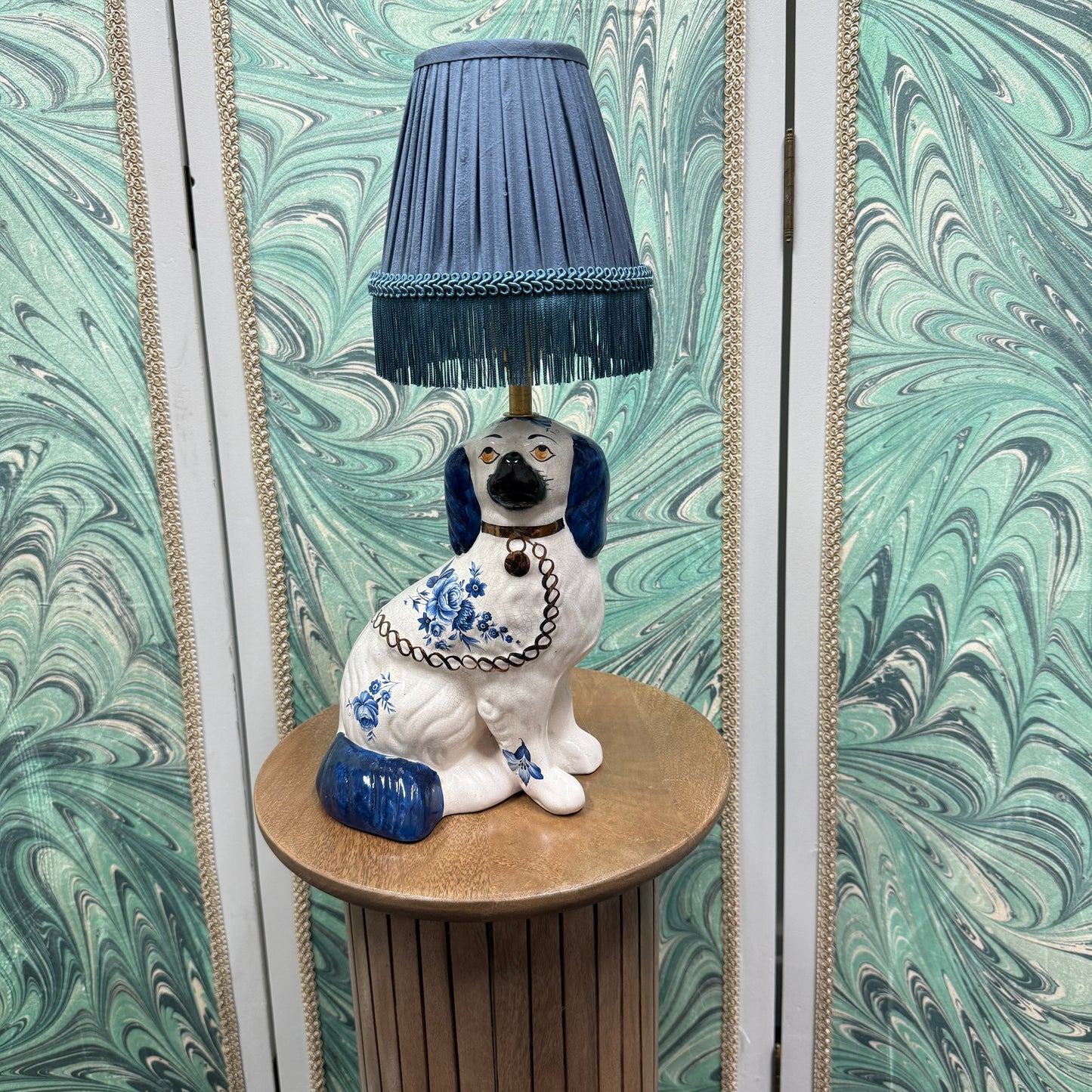 Blue Staffordshire Dog Lamp with Silk Shade