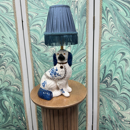 Blue Staffordshire Dog Lamp with Silk Shade