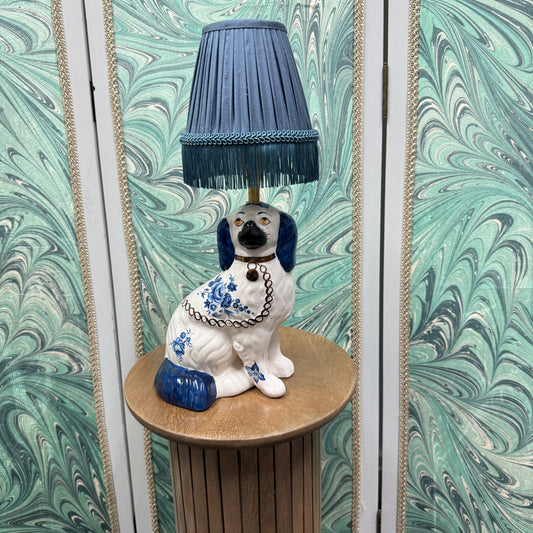 Blue Staffordshire Dog Lamp with Silk Shade