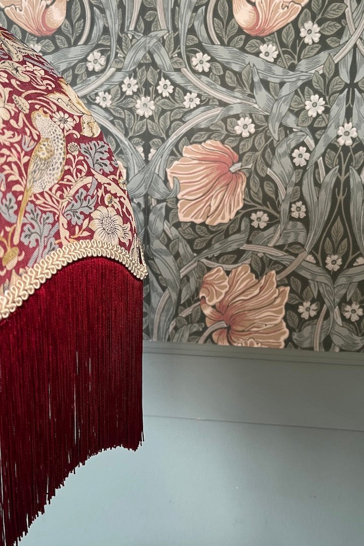 William Morris Strawberry Thief Fringed Lampshade - Red