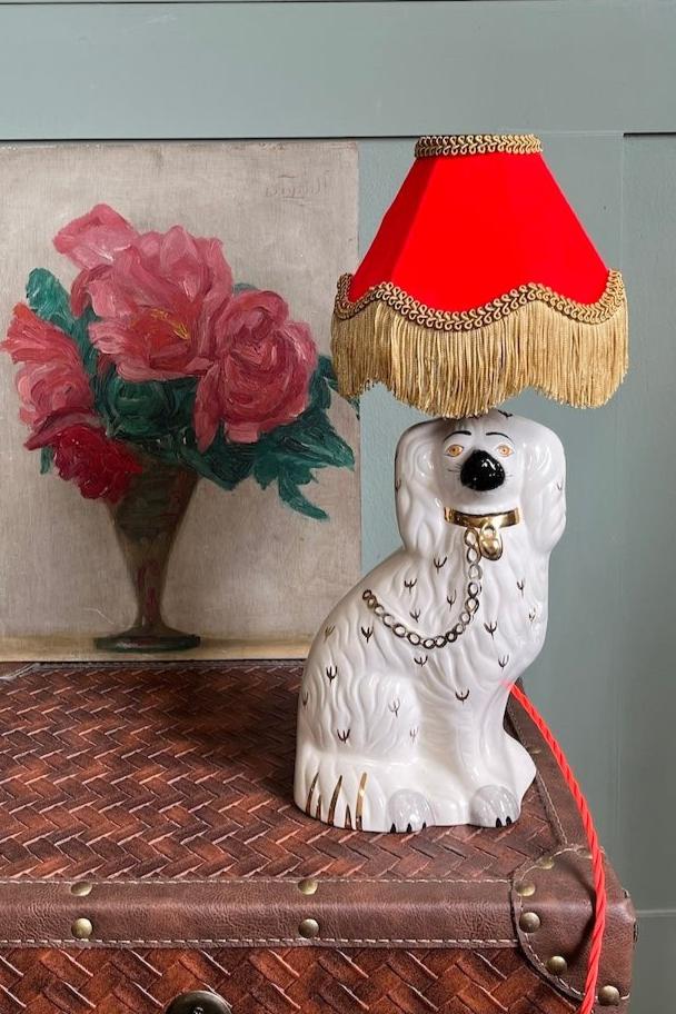 White & Gold Staffordshire dog lamp