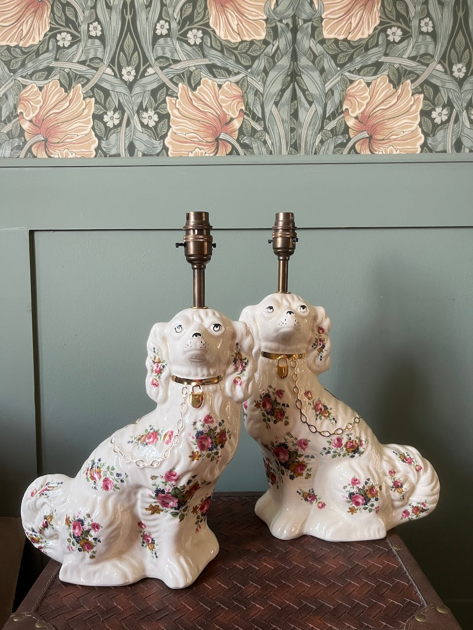 Pair of Floral Staffordshire dog lamps