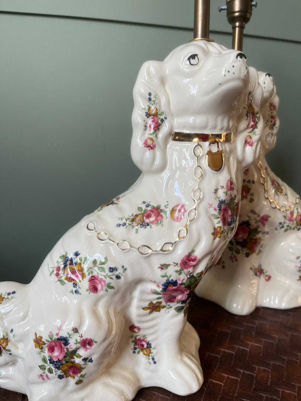 Pair of Floral Staffordshire dog lamps