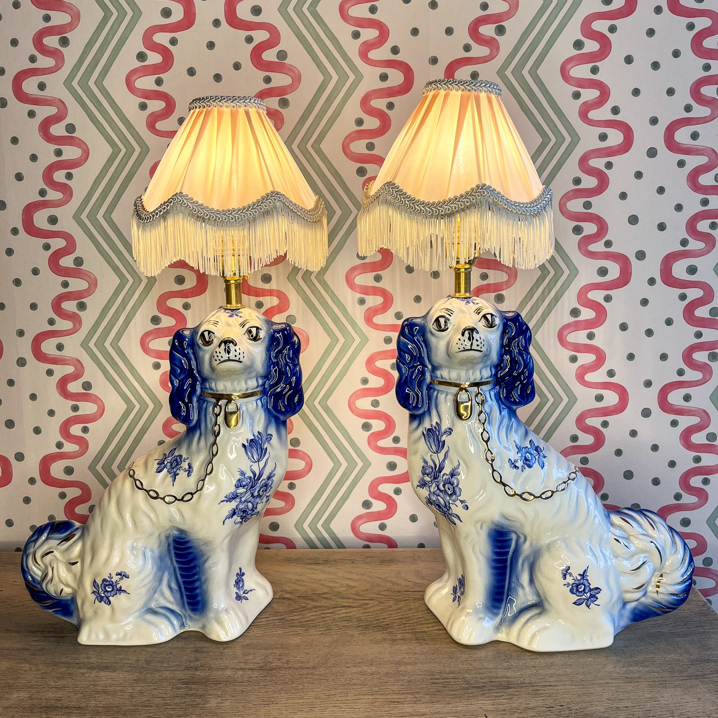Pair of blue Staffordshire dog lamps