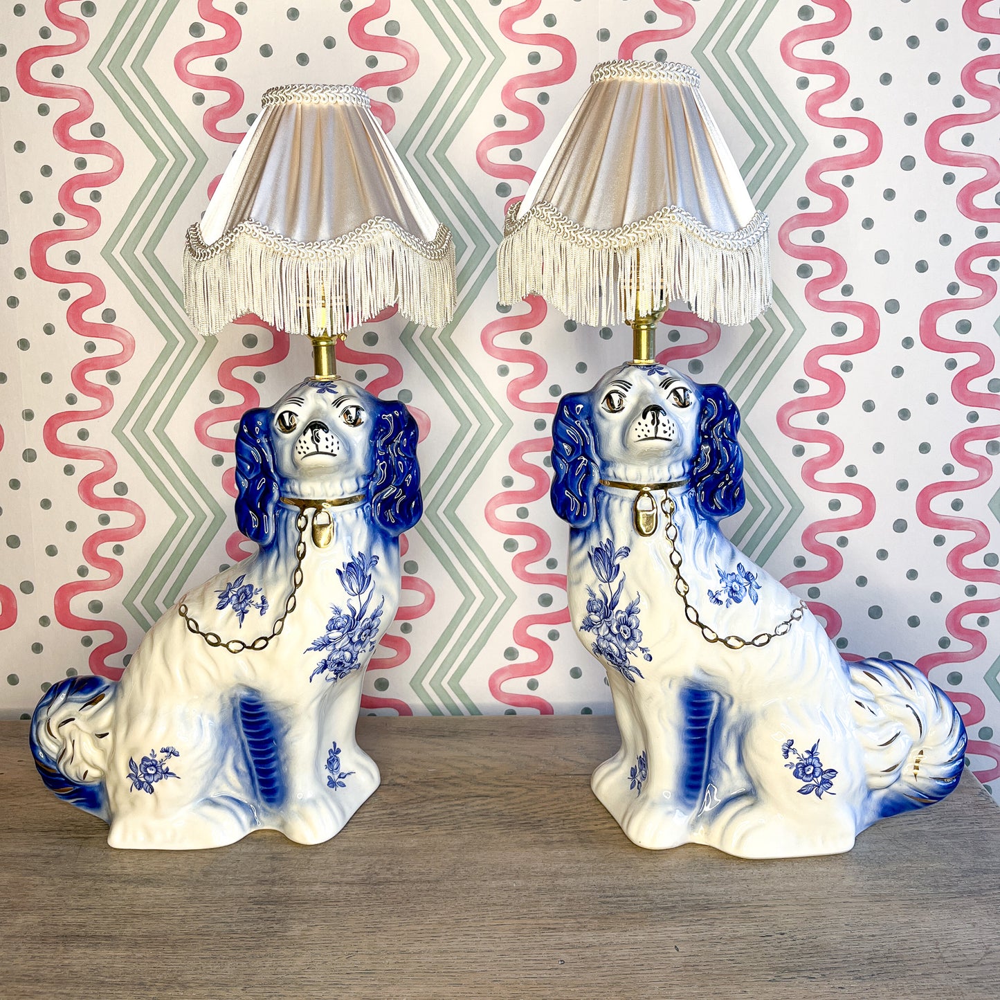 Pair of blue Staffordshire dog lamps