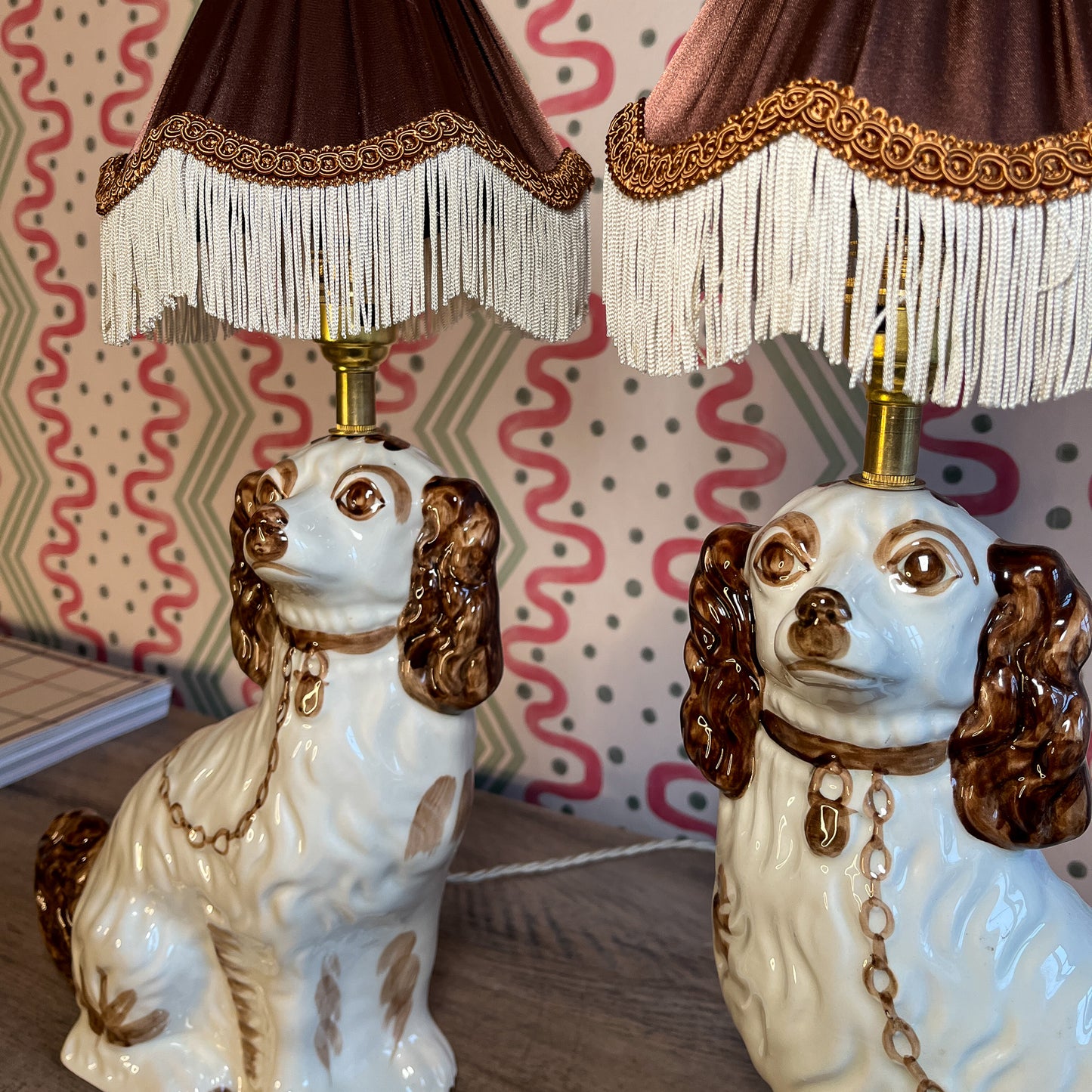 Pair Brown Staffordshire dog lamps