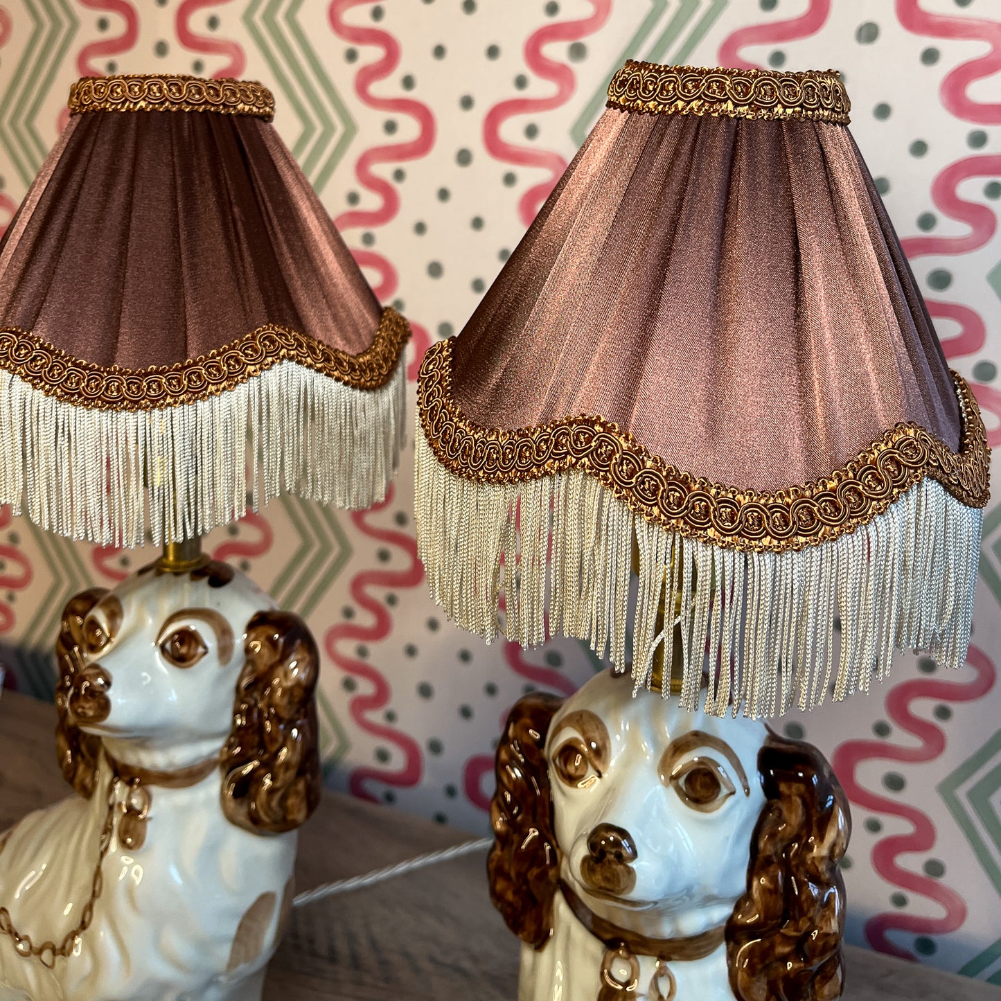 Pair Brown Staffordshire dog lamps