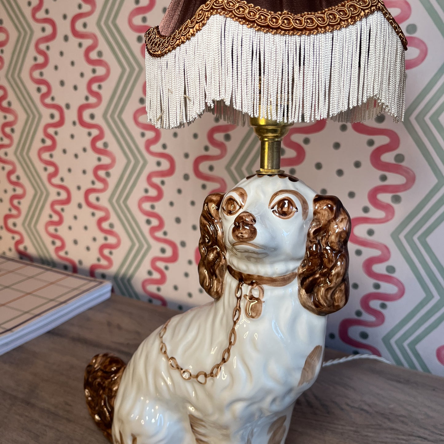 Pair Brown Staffordshire dog lamps