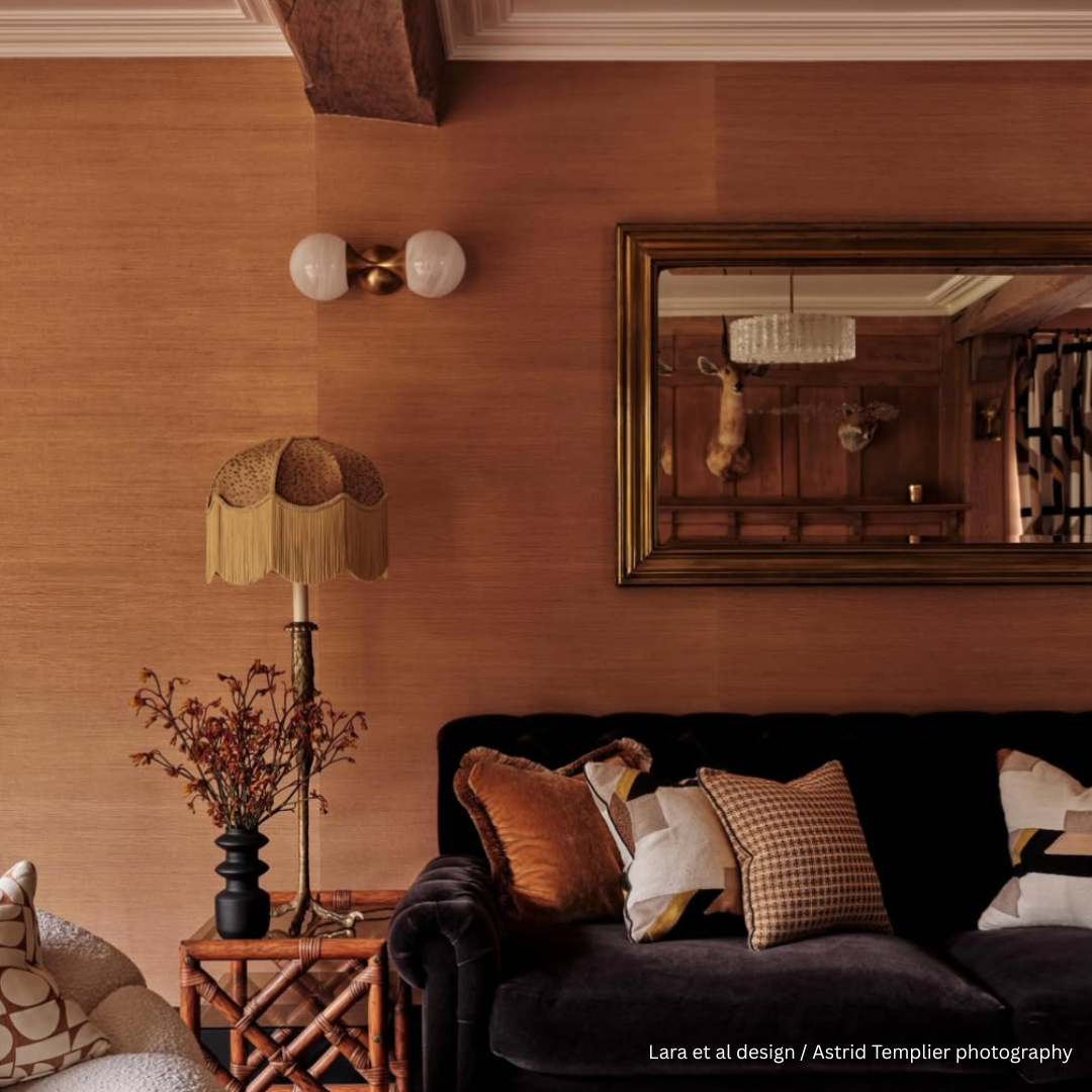 The Ritz gold fringed lampshade on a floor lamp in a pink-walled living room with a black velvet sofa (Lara et al design)