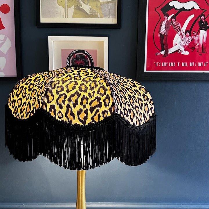 Vintage Victorian Lampshade – Black, Brown & Antique White Damask With Beaded Fringe